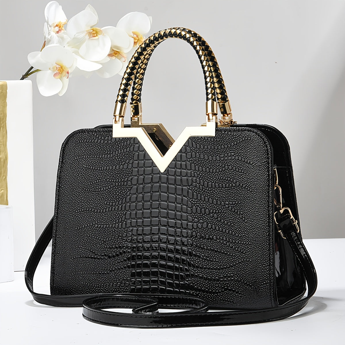 Elegant Croco Tote – Luxe Schoudertas with Gouden Details