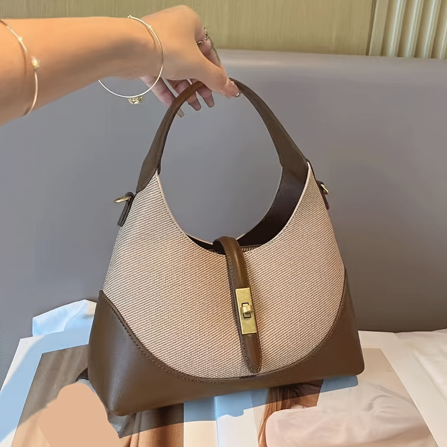 Beige Halve Maan Tas – Natuurlijke Look met Leren Accenten