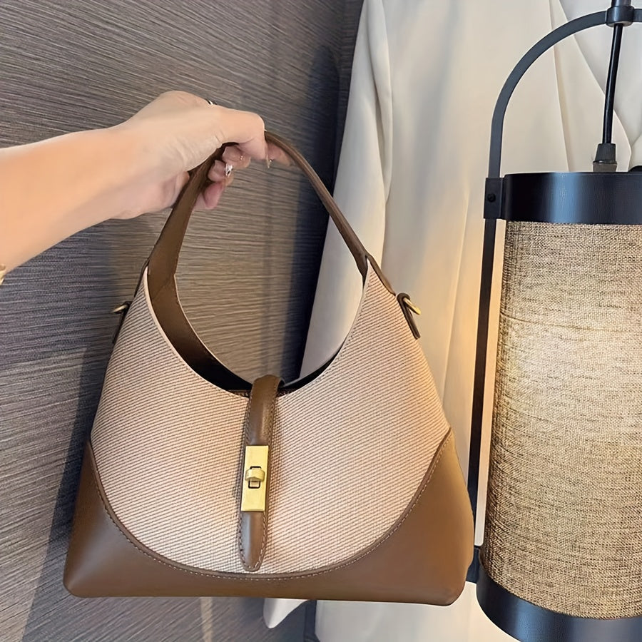 Beige Halve Maan Tas – Natuurlijke Look met Leren Accenten