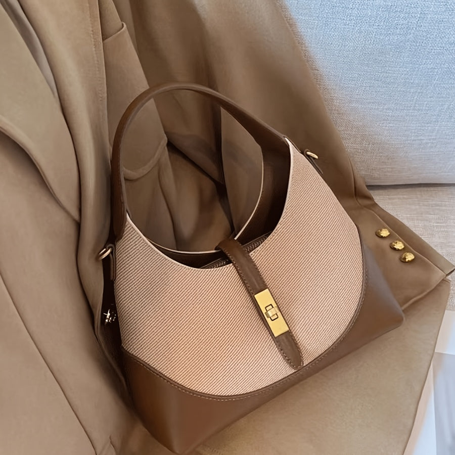 Beige Halve Maan Tas – Natuurlijke Look met Leren Accenten