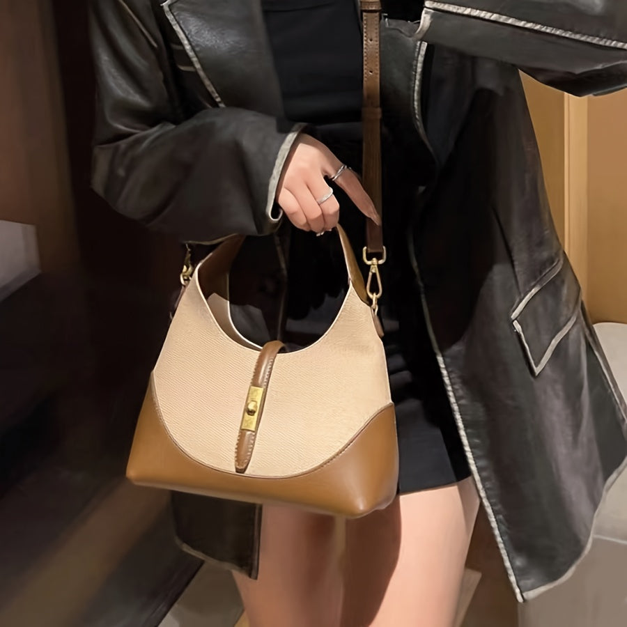Beige Halve Maan Tas – Natuurlijke Look met Leren Accenten